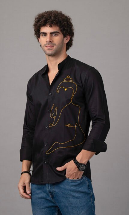 Dor Hand Embroidered Shirt – Buddha Line Art for Men