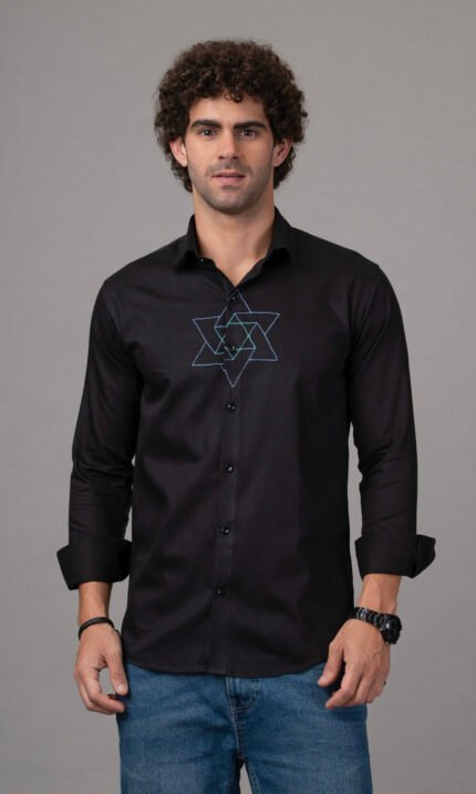 dor casual hand embroidered shirt, sacred geometry shirt men, triangular design shirt, hand embroidered men’s shirt, dortrends men’s shirt