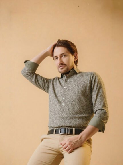 Cotton Olive Green Satin Printed Shirt