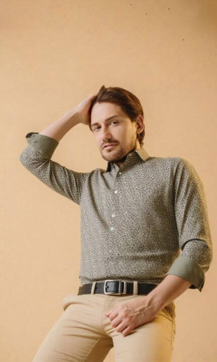 Cotton Olive Green Satin Printed Shirt