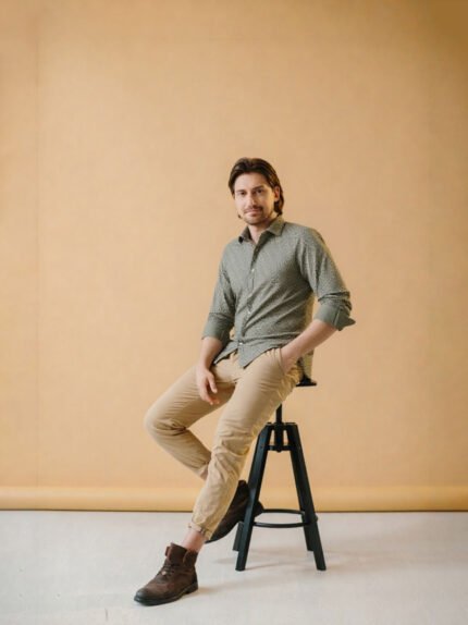 Cotton Olive Green Satin Printed Shirt