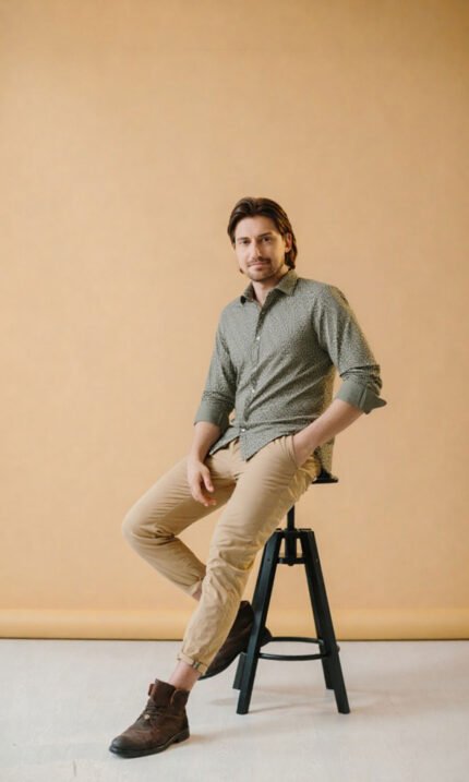 Cotton Olive Green Satin Printed Shirt