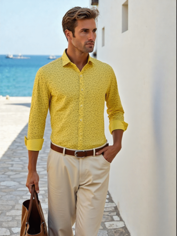 Dor Pure Cotton Yellow Satin Printed Shirt